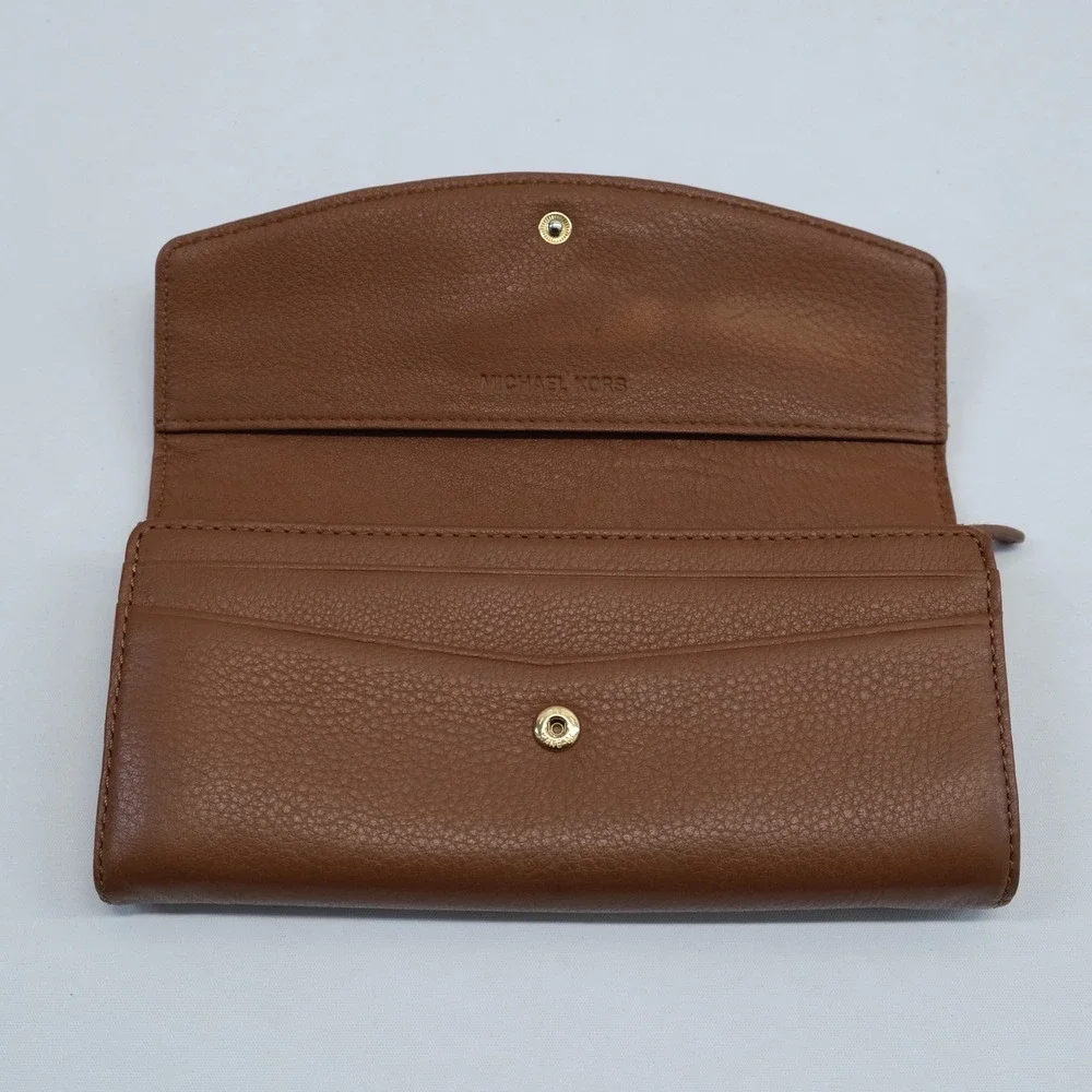 Michael Kors Wallet Women Brown Pebbled Leather Gold Logo Plate OS Classic